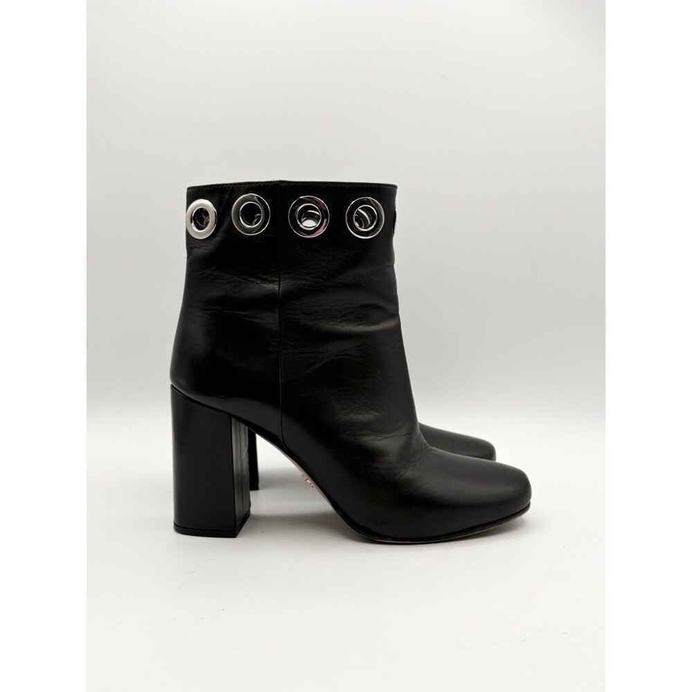 Prada Black Leather Block Heel Ankle Boots Silver Grommet Accent Sz EU 36